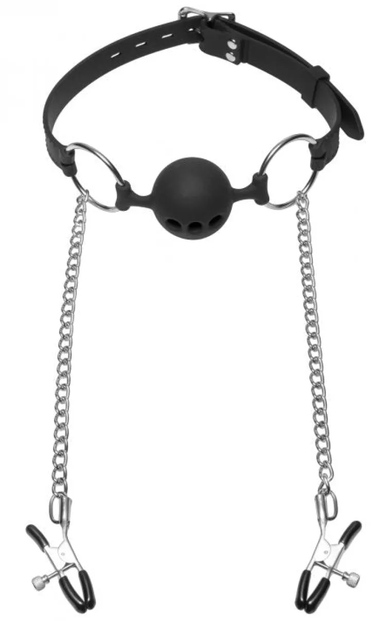Master Series Ball Gags & Mouth Restraints | Masks & Dress-Up Accessories>Hinder Ball Gag with Nipple Clamps