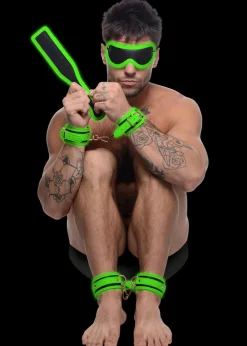 Master Series Sex Toy Kits & Collections | Impact: Whips, Crops & Spankers>Kink in the Dark Glowing Cuffs Blindfold and Paddle Bondage Set