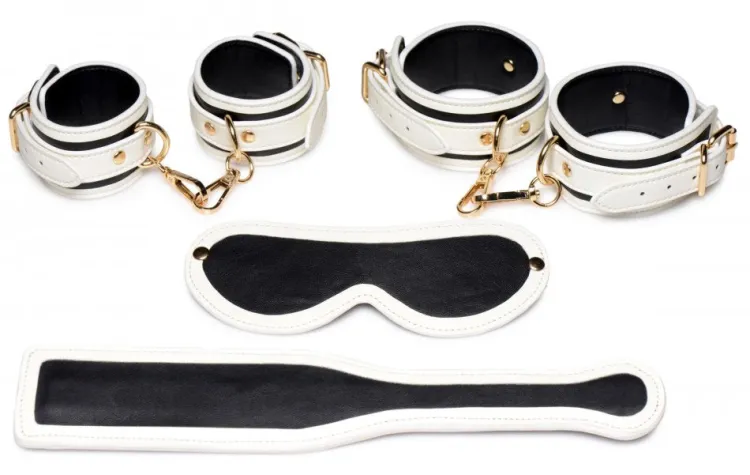 Master Series Sex Toy Kits & Collections | Impact: Whips, Crops & Spankers>Kink in the Dark Glowing Cuffs Blindfold and Paddle Bondage Set
