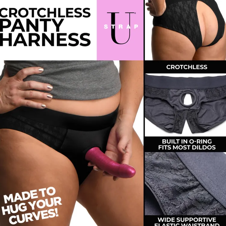 Strap U Anal Pegging Toys>Lace Envy Black Crotchless Panty Harness