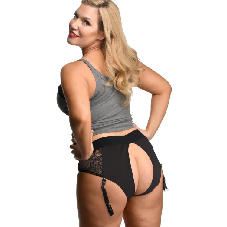 Strap U Anal Pegging Toys>Laced Seductress Crotchless Panty Harness with Garter Straps