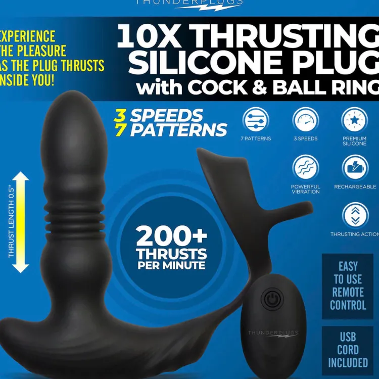 Thunderplugs Unique Anal Toys | Butt Plugs>Remote Thrusting Vibrator with C&B Ring