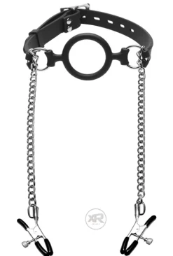 Master Series Nipple Clamps & Stimulators>Silicone O-Ring Gag with Nipple Clamps