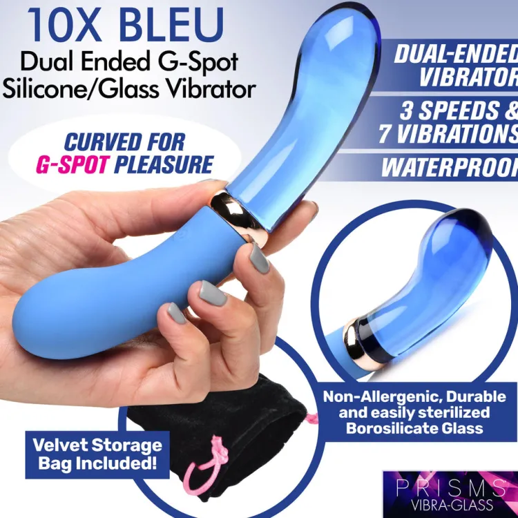 Prisms Erotic Glass Dual Penetration Vibrators | Insertable & Realistic Dildo Vibrators>10X Bleu Dual Ended G-Spot Silicone and Glass Vibrator