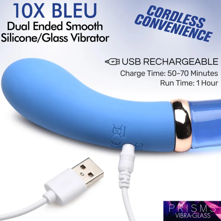Prisms Erotic Glass Dual Penetration Vibrators | Insertable & Realistic Dildo Vibrators>10X Bleu Dual Ended G-Spot Silicone and Glass Vibrator