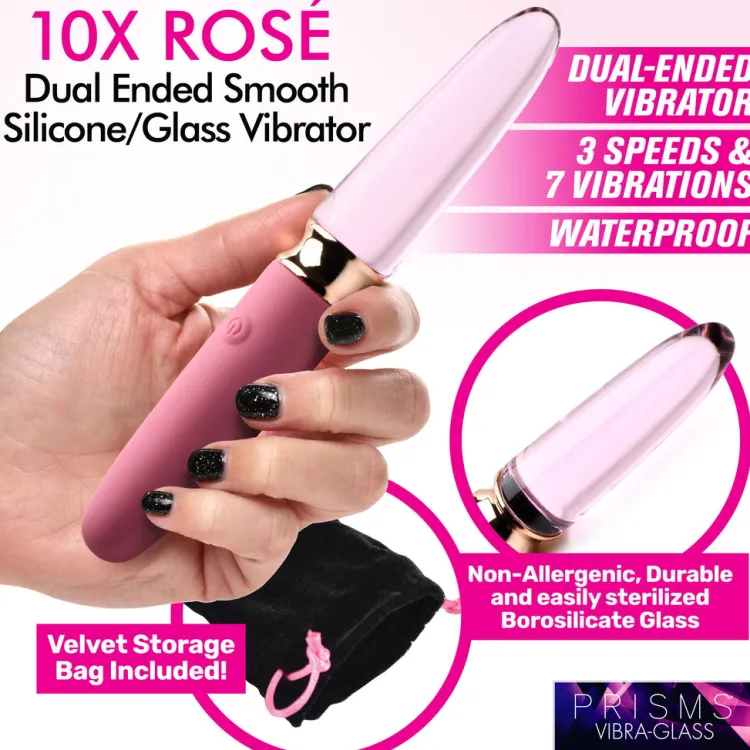 Prisms Erotic Glass Dual Penetration Vibrators | Silicone Vibrators>10X Rosé Dual Ended Smooth Silicone and Glass Vibrator