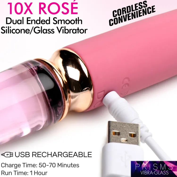 Prisms Erotic Glass Dual Penetration Vibrators | Silicone Vibrators>10X Rosé Dual Ended Smooth Silicone and Glass Vibrator
