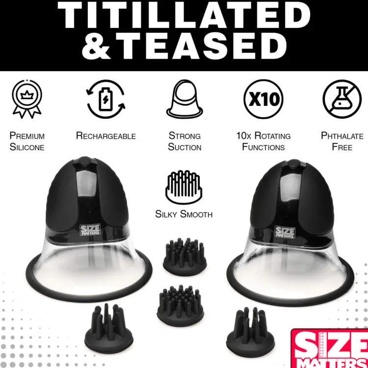 Size Matters Nipple Clamps & Stimulators | Female Enhancement>10X Rotating Nipple Suckers with 4 Attachments