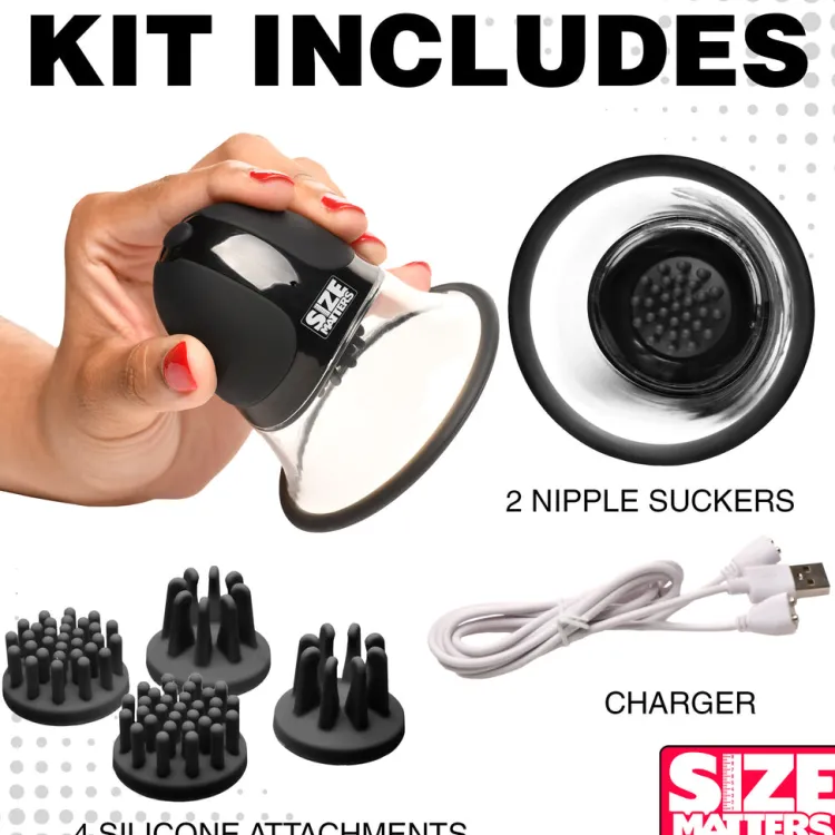 Size Matters Nipple Clamps & Stimulators | Female Enhancement>10X Rotating Nipple Suckers with 4 Attachments